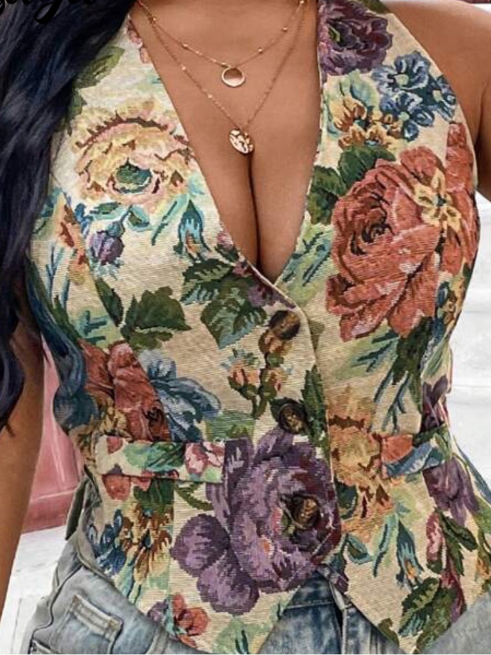 Floral Tapestry V-Neck Halter Vest - Multicolor